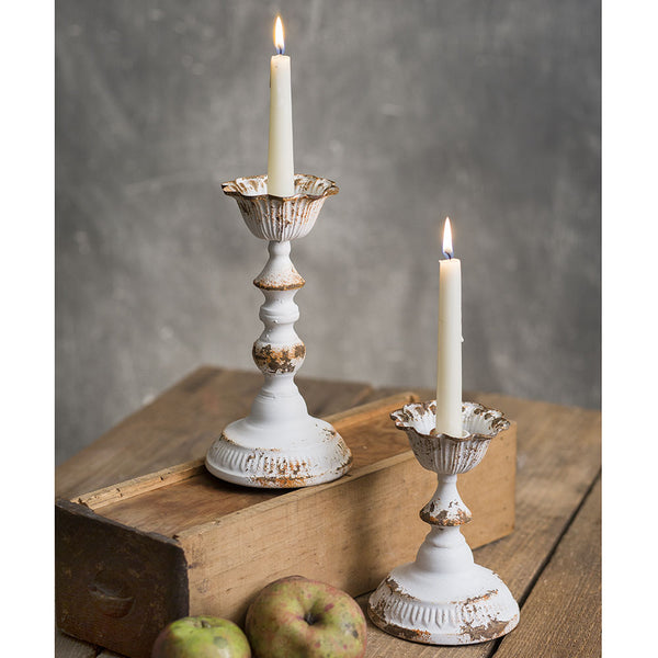 Distressed White Metal Taper Candle Holders, Set of 2