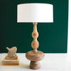 Turned Wood Table Lamp with Off-White Barrel Shade