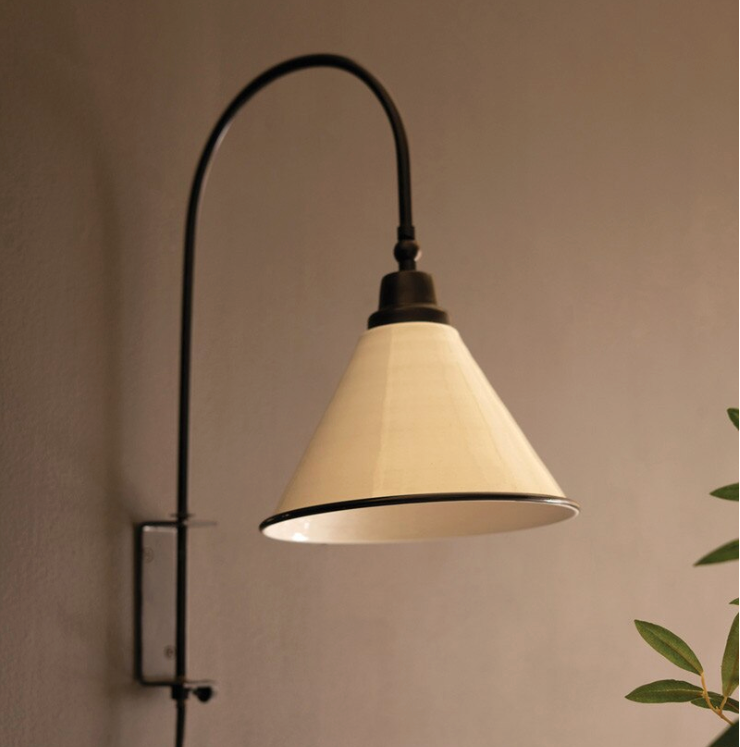 Set of 2, Metal Wall Lamp with Tapered Black and White Enamel Shade