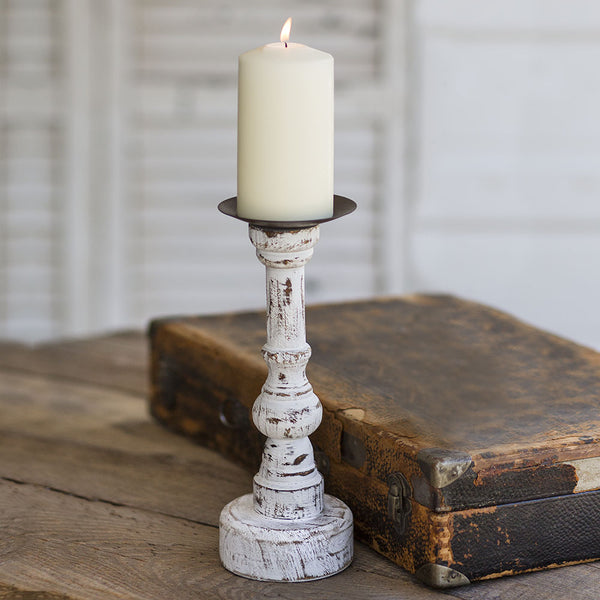 Distressed White Wood Pillar Candle Holder, Round